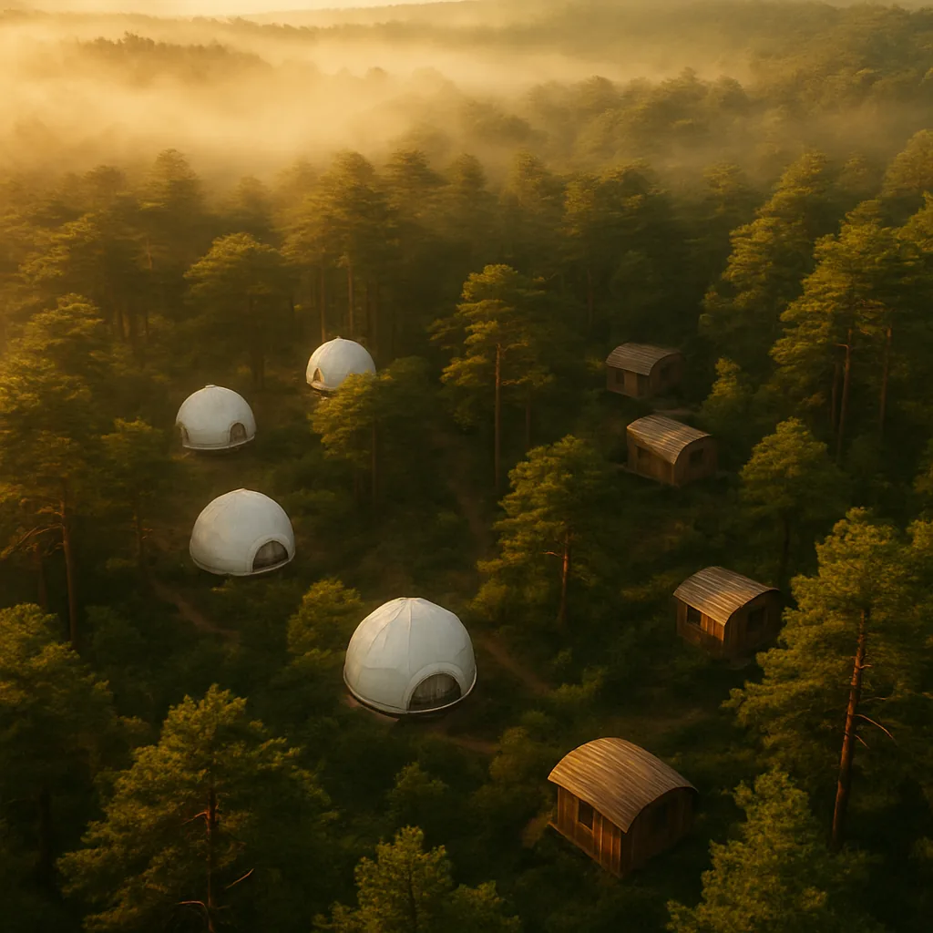 Aerial view of the Wanderlustpineglade luxury glamping resort nestled in Japanese pine forest at dawn