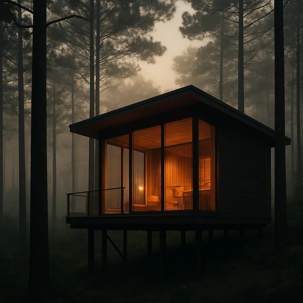 Elevated luxury eco cabin at dawn among pine trees