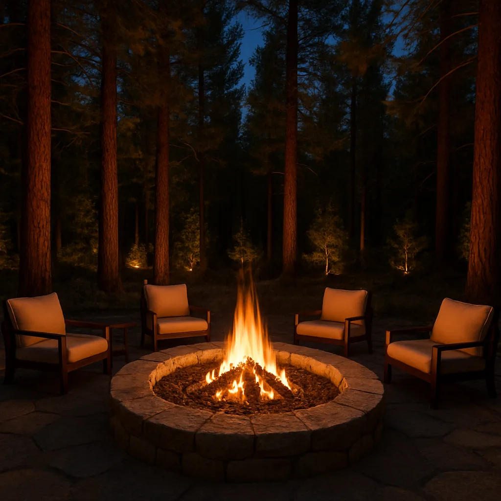 Luxury fire pit area in pine forest at night with glowing embers