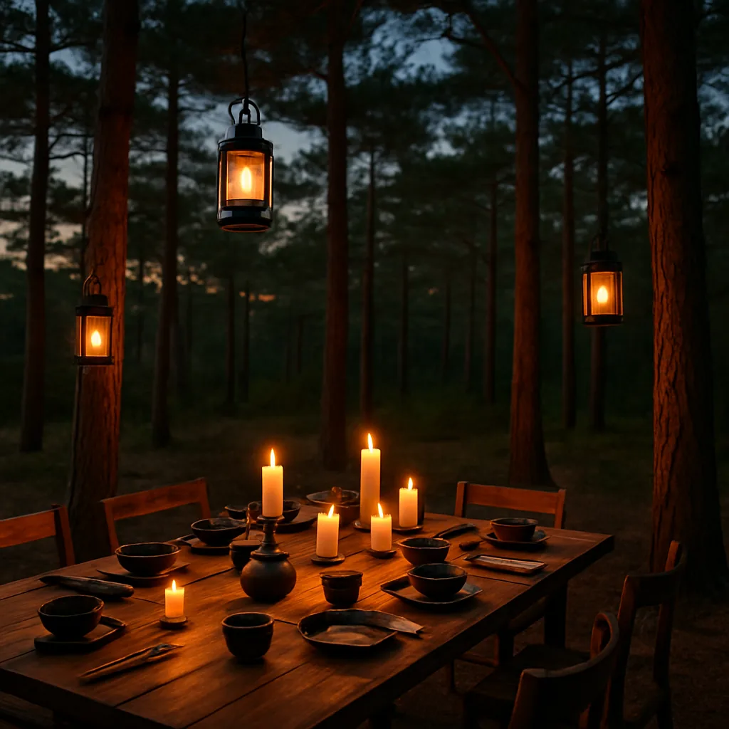 Outdoor forest dining table set with Japanese tableware and lanterns at dusk