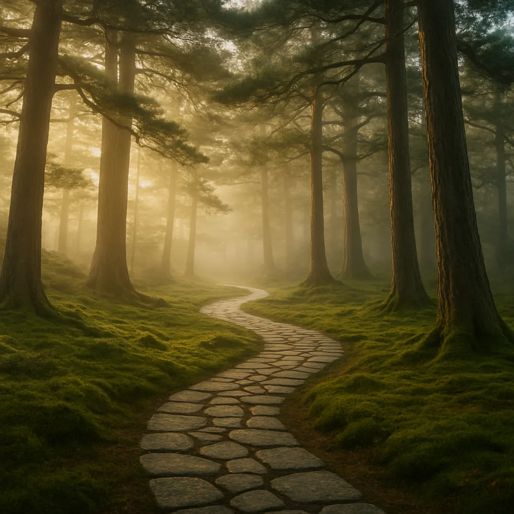 A serene winding stone path through an ancient Japanese pine forest at dawn