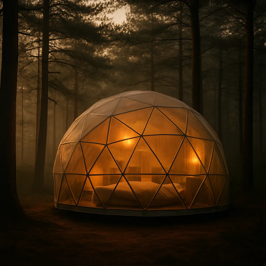 A glowing luxury sphere tent nestled among Japanese pine trees at golden hour