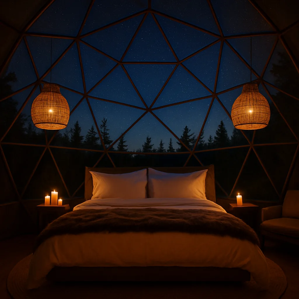 Luxury sphere tent interior at night with king bed and starry forest views