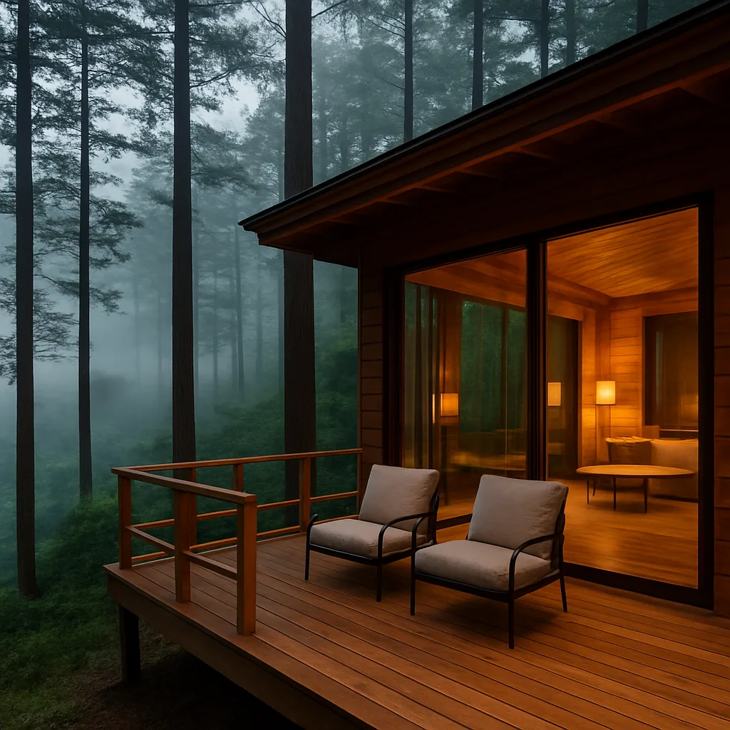 Luxury elevated eco cabin on stilts surrounded by tall pine trees