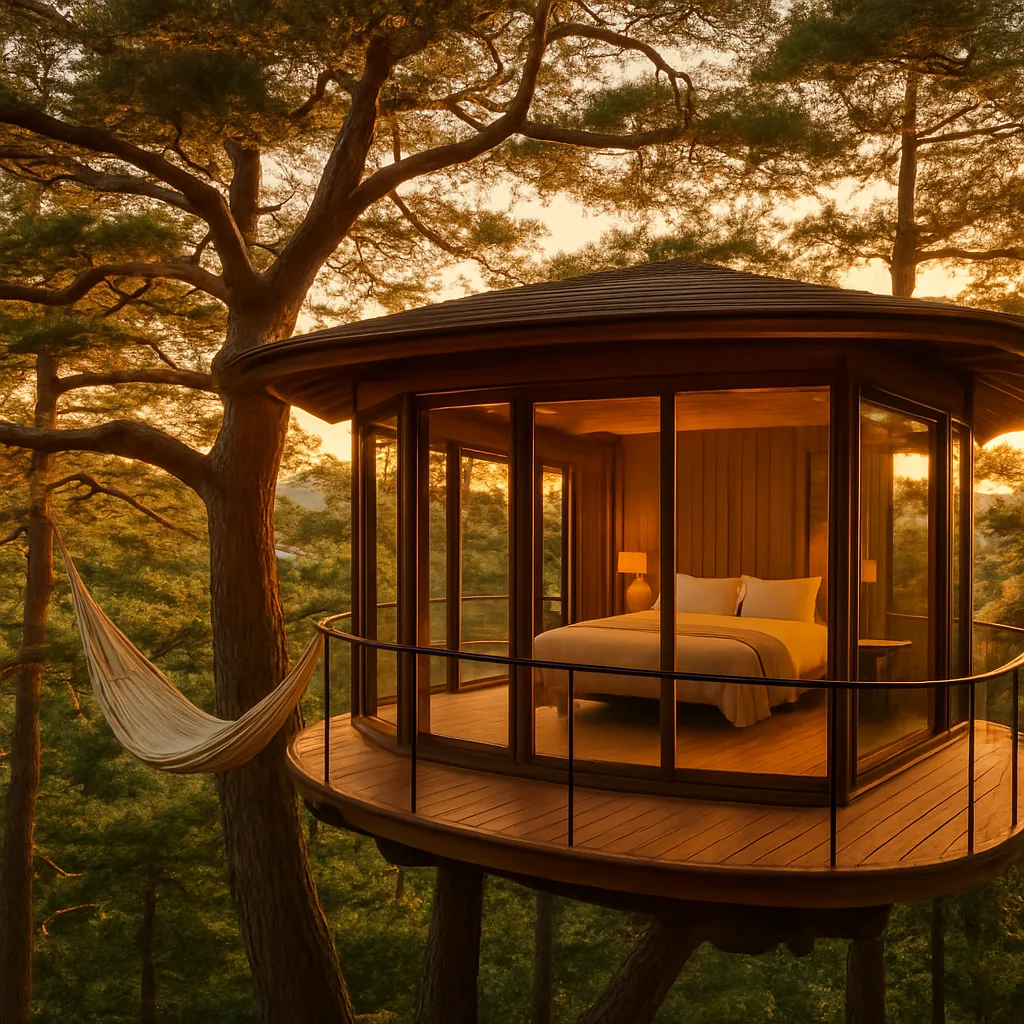 Luxury treehouse glamping suite among pine tree canopy at sunset